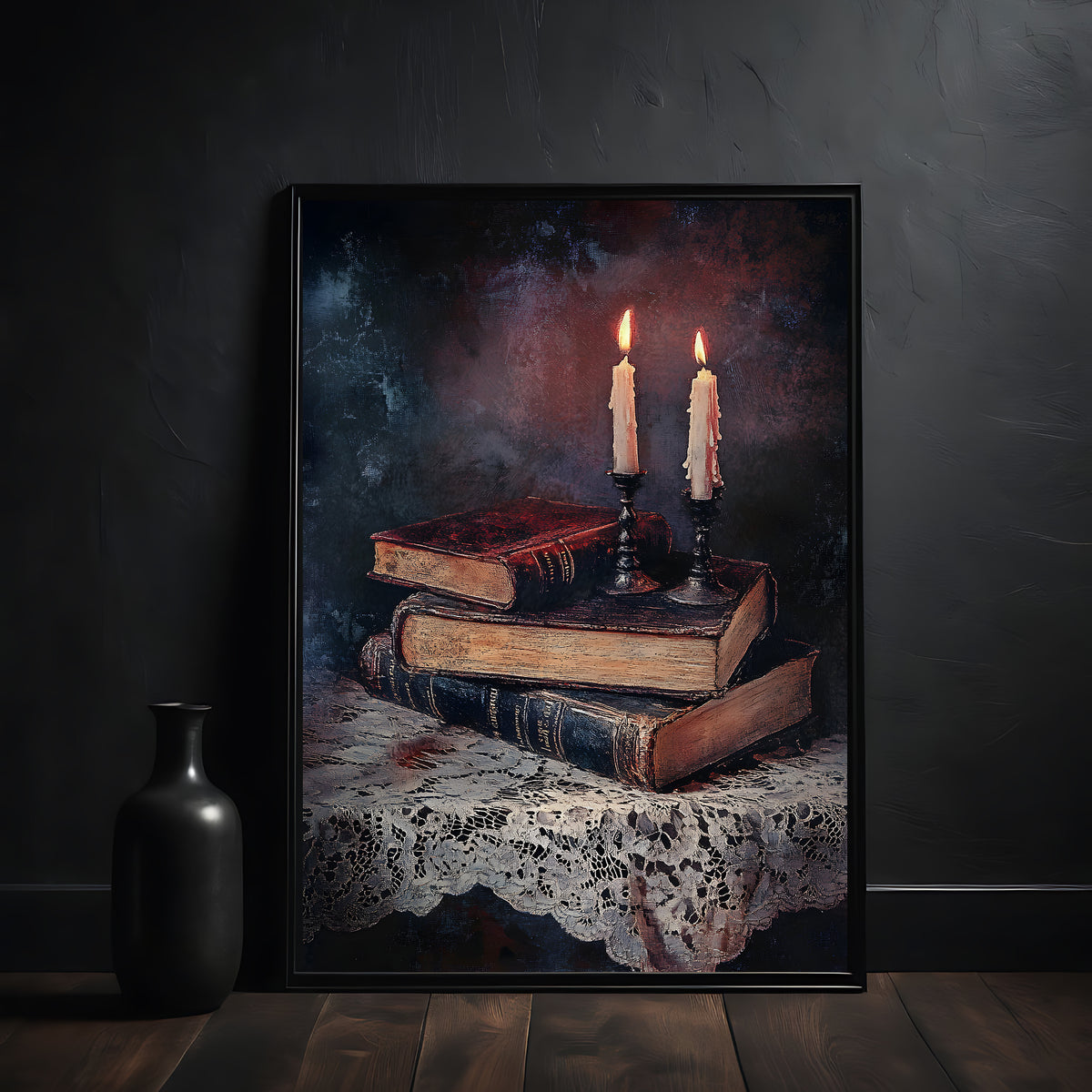 Framed artwork of candles and books on a dark background