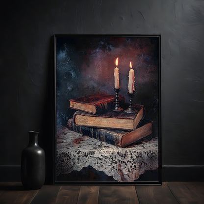 Framed artwork of candles and books on a dark background