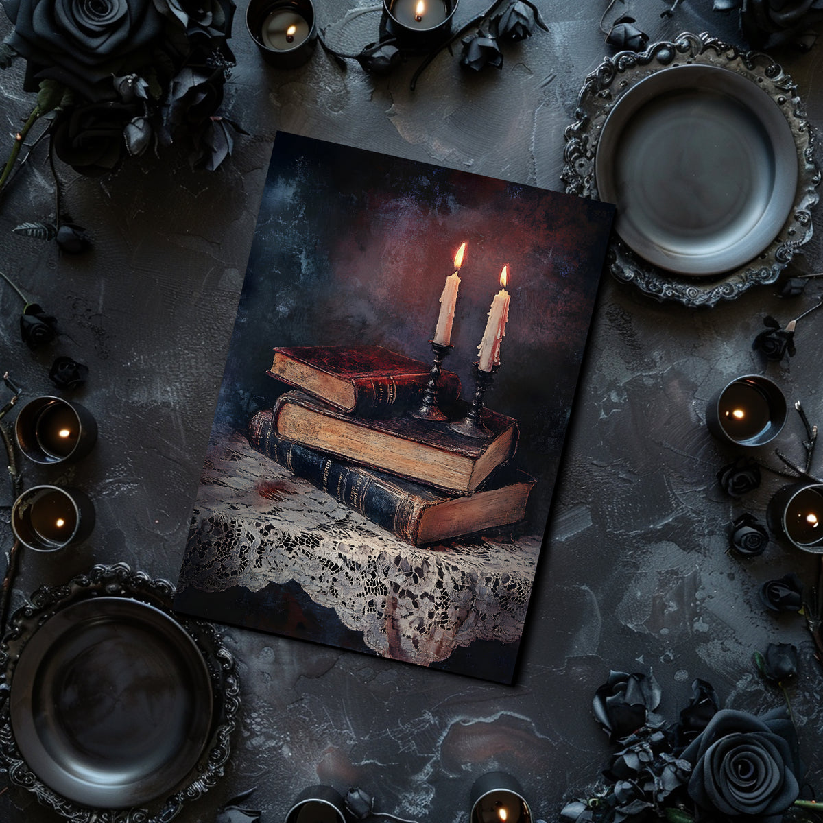 Decorative setup with candles, books, and black roses on a dark surface