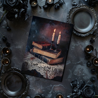 Decorative setup with candles, books, and black roses on a dark surface