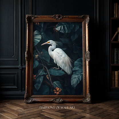 Framed artwork of a white bird on a dark background, displayed in a room with wooden floor and bookshelf.
