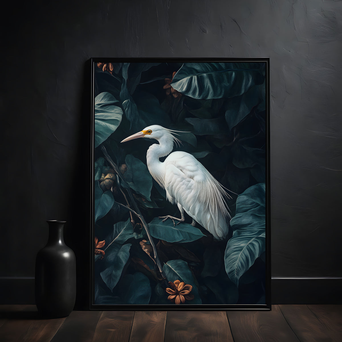 Framed artwork of a white egret among leaves on a dark background