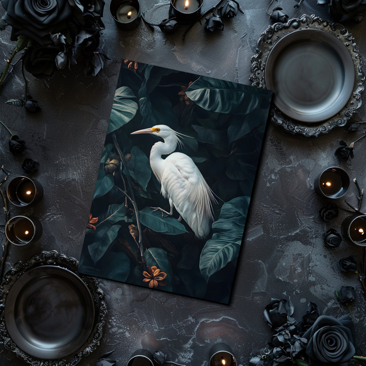 Placemat with a white egret design on a dark surface with candles and black roses.