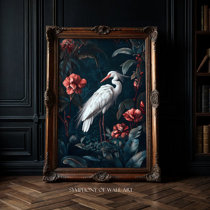 Framed artwork of a white bird among flowers on a dark background, displayed in a room with wooden floor and bookshelf.