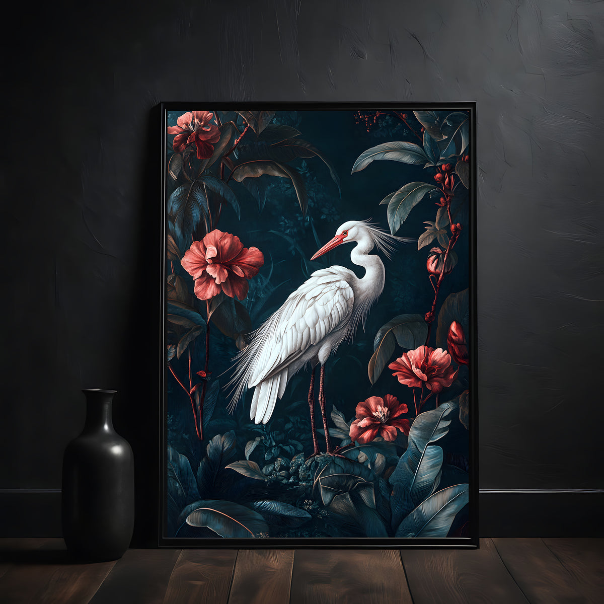 Framed artwork of a white heron among flowers on a dark background