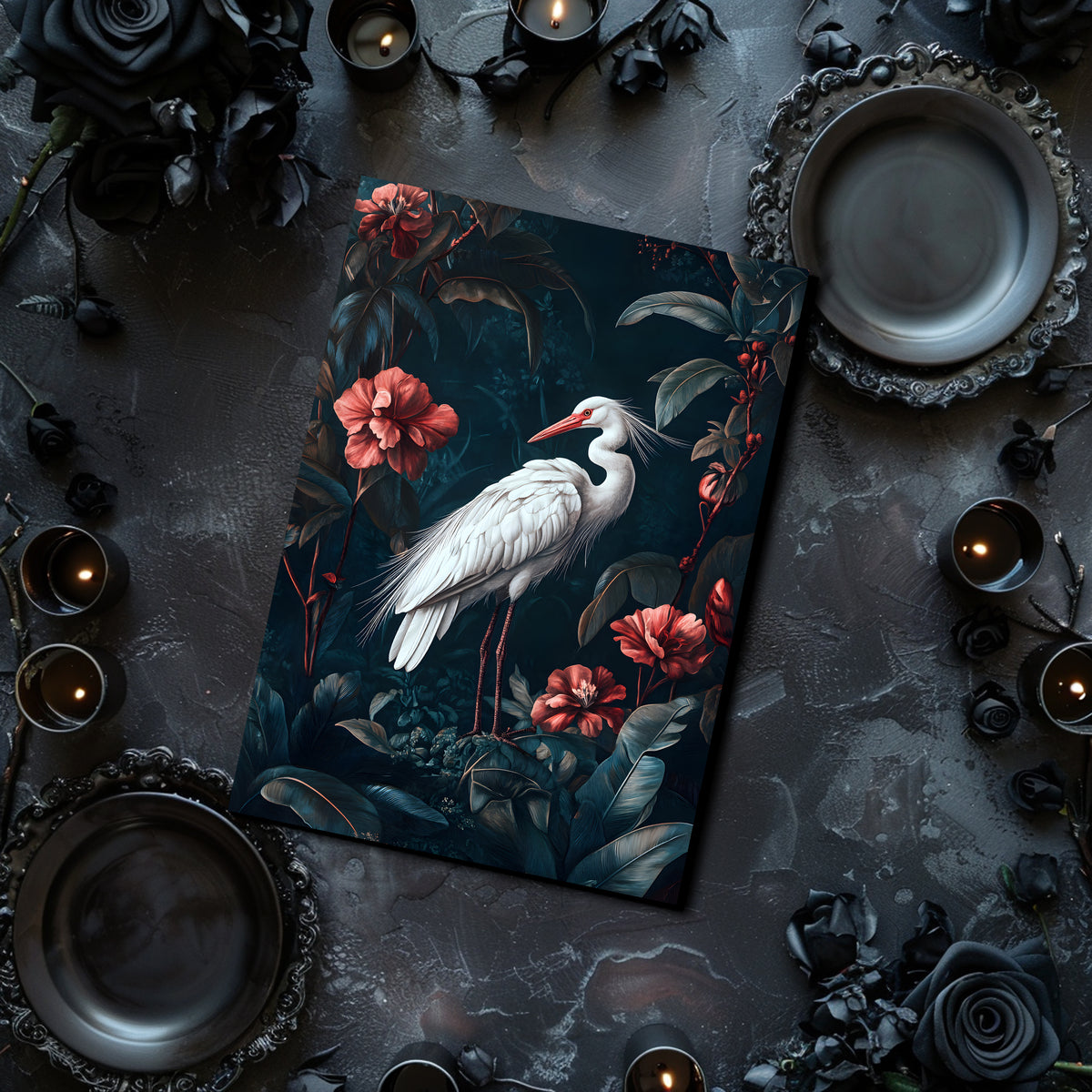 Decorative notebook with a white bird and red flowers on a dark background, surrounded by candles and black roses.