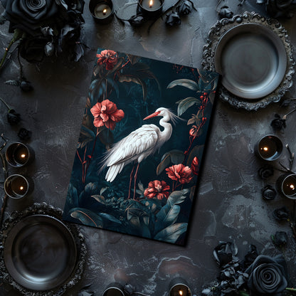 Decorative notebook with a white bird and red flowers on a dark background, surrounded by candles and black roses.