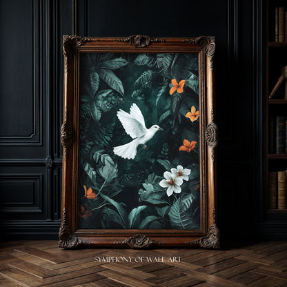 Framed artwork with a white dove and flowers on a dark background, displayed in a room.
