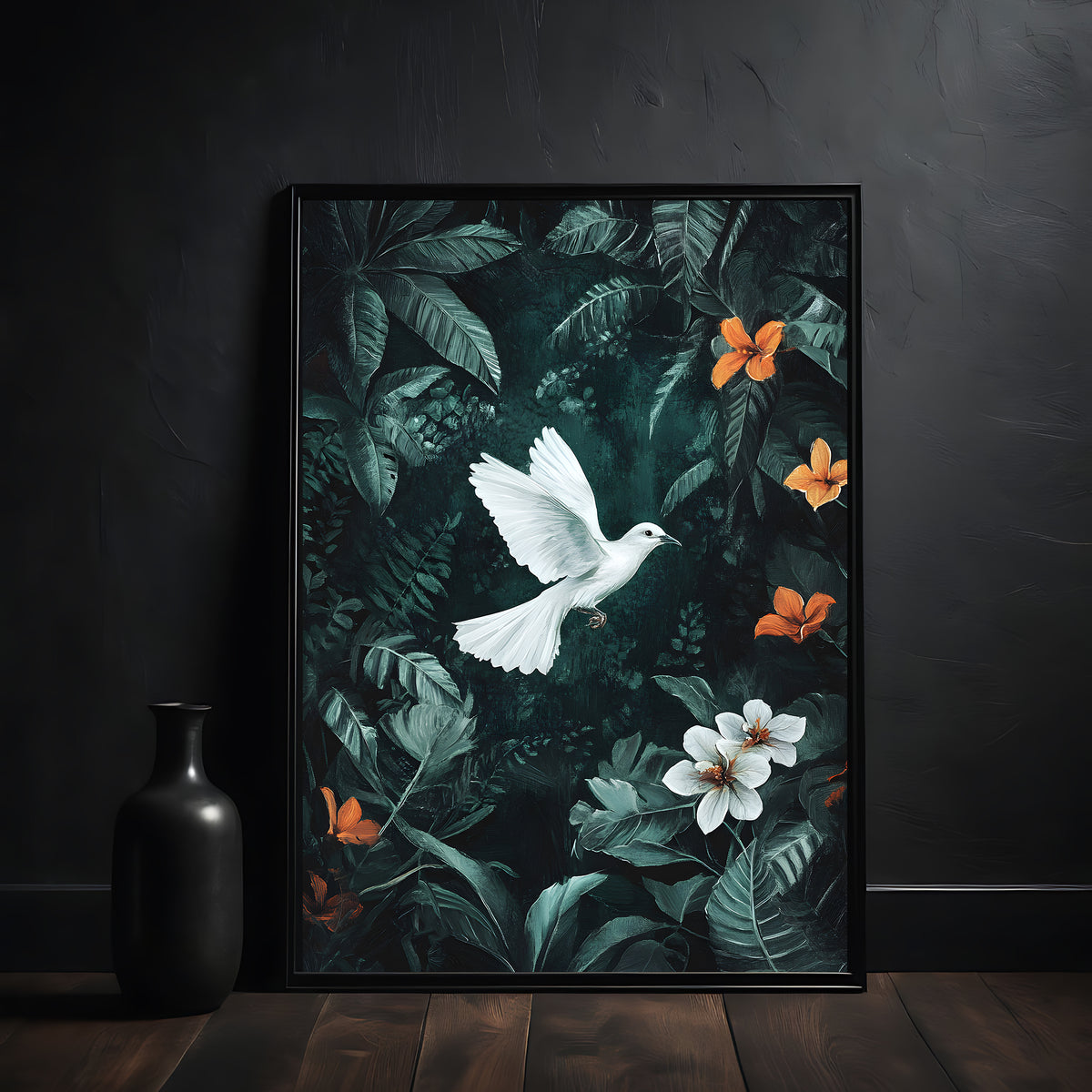 Framed artwork of a white bird and flowers on a dark background