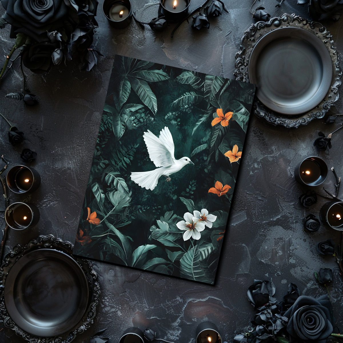 Placemat with a white dove design on a dark surface with candles and flowers