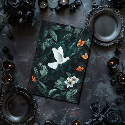 Placemat with a white dove design on a dark surface with candles and flowers