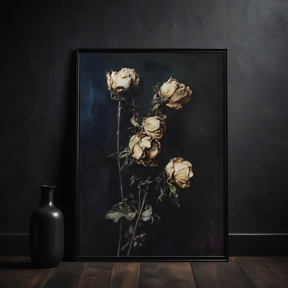 Framed artwork of dried roses on a dark background