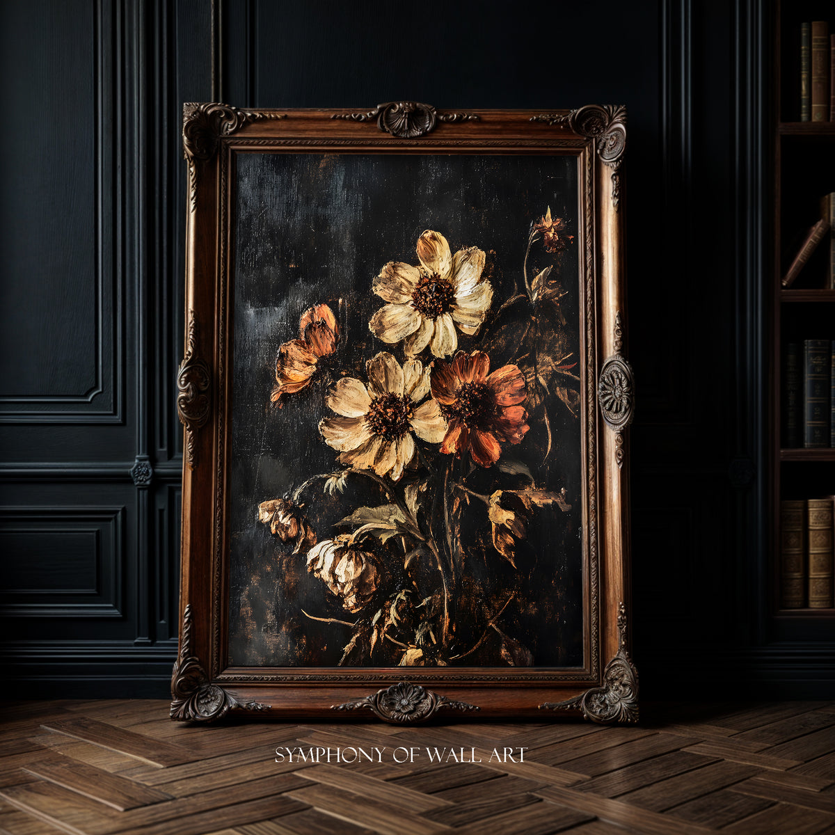 Framed painting of flowers on a dark background in a room with wooden floor and bookshelf.