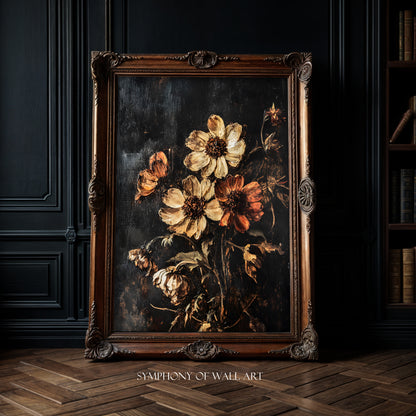 Framed painting of flowers on a dark background in a room with wooden floor and bookshelf.