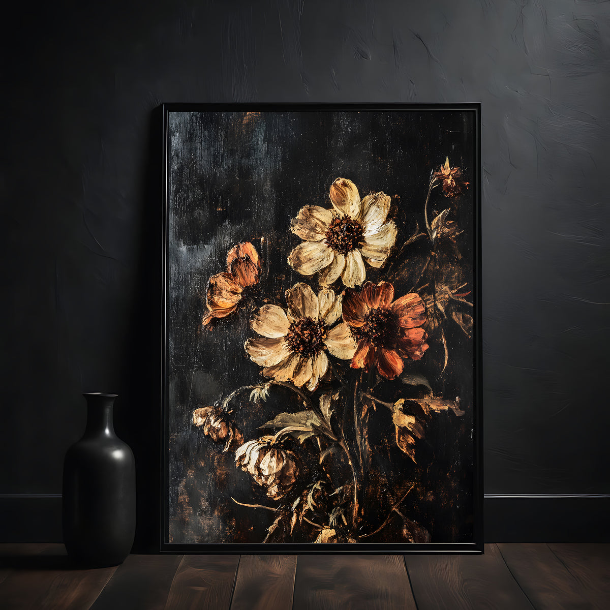 Framed floral artwork on a dark wall with a black vase.