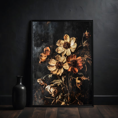 Framed floral artwork on a dark wall with a black vase.