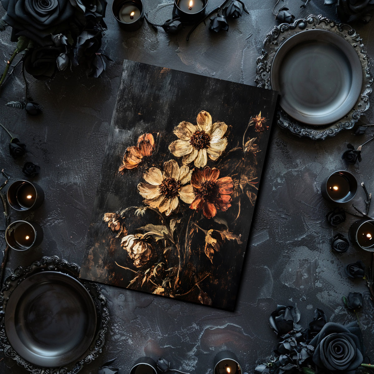 Floral painting on a dark surface with candles and decorative elements