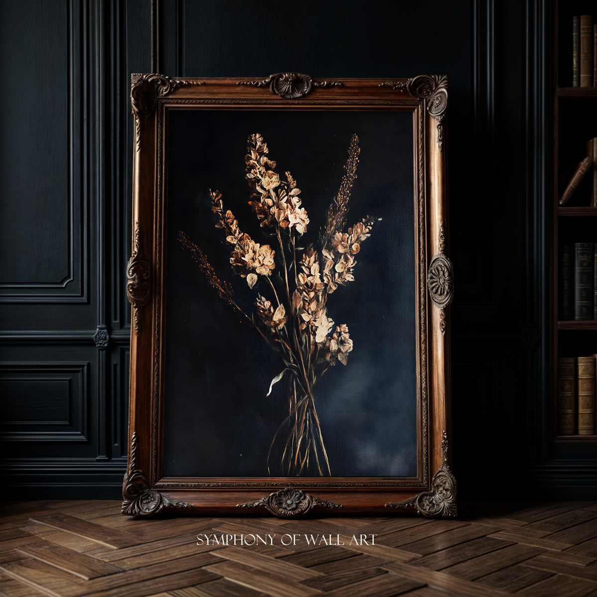 Decorative framed artwork of dried flowers on a dark background, with 'Symphony of Wall Art' branding.
