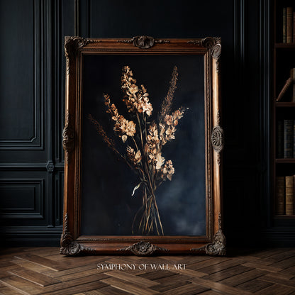 Decorative framed artwork of dried flowers on a dark background, with 'Symphony of Wall Art' branding.