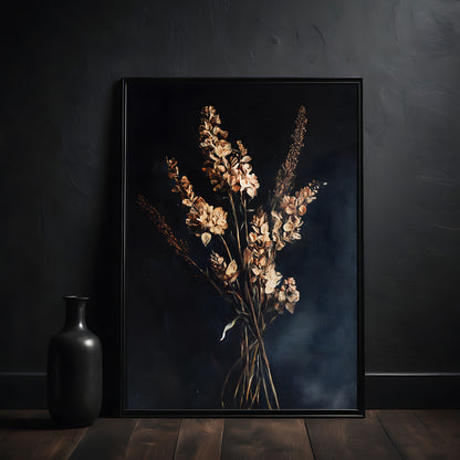 Framed artwork of dried flowers on a dark wall with a black vase.