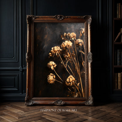 Decorative painting of dried flowers in a wooden frame against a dark wall.