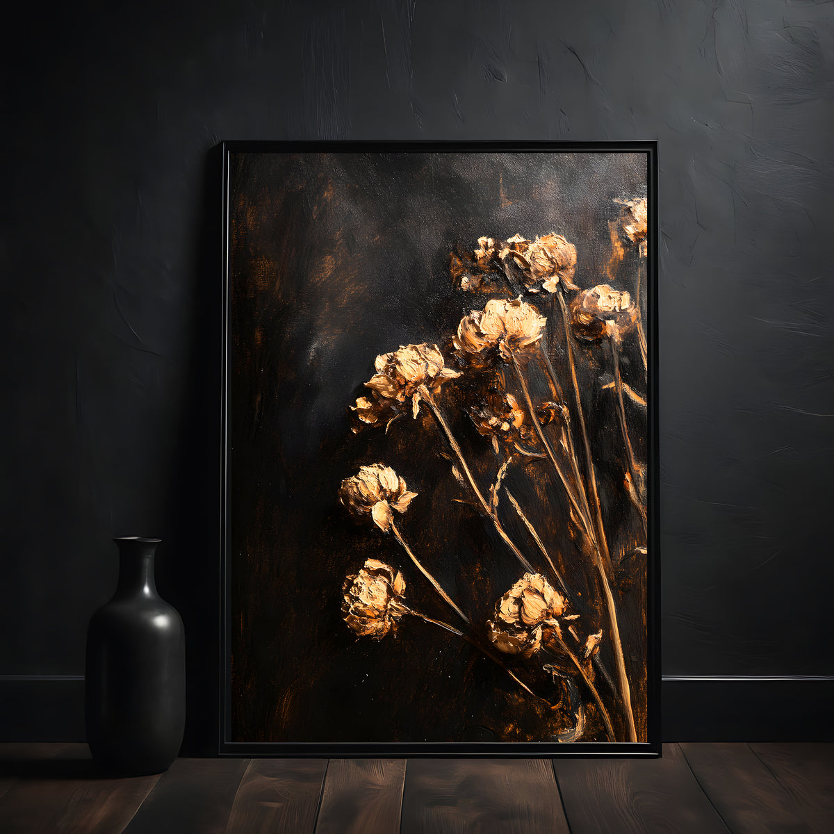 Framed artwork of dried flowers on a dark wall with a black vase.