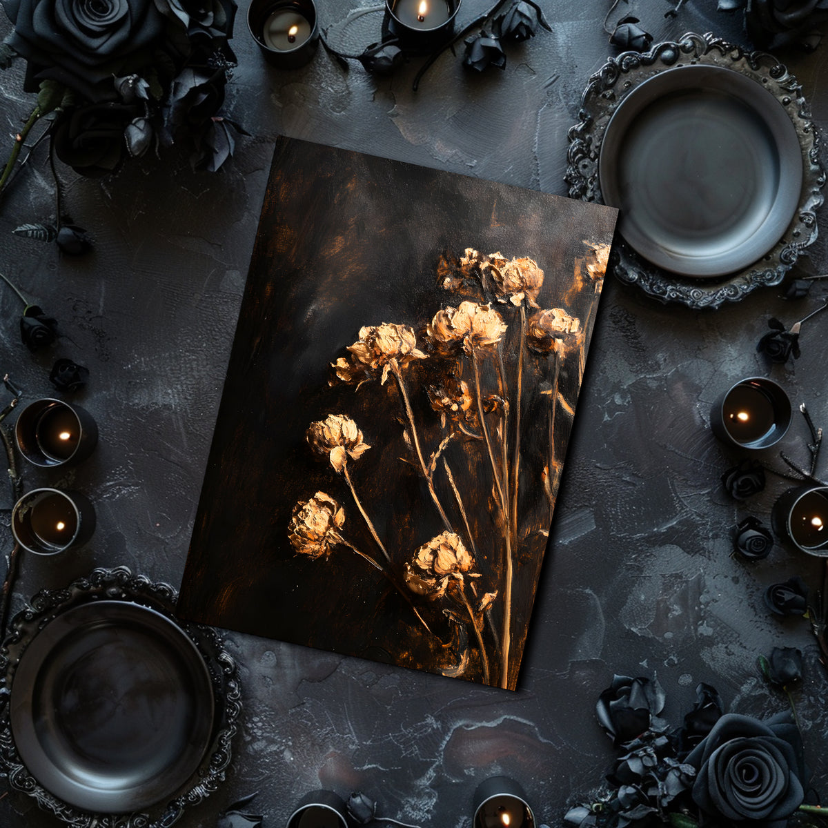 Dark table setting with dried flowers on a dark surface