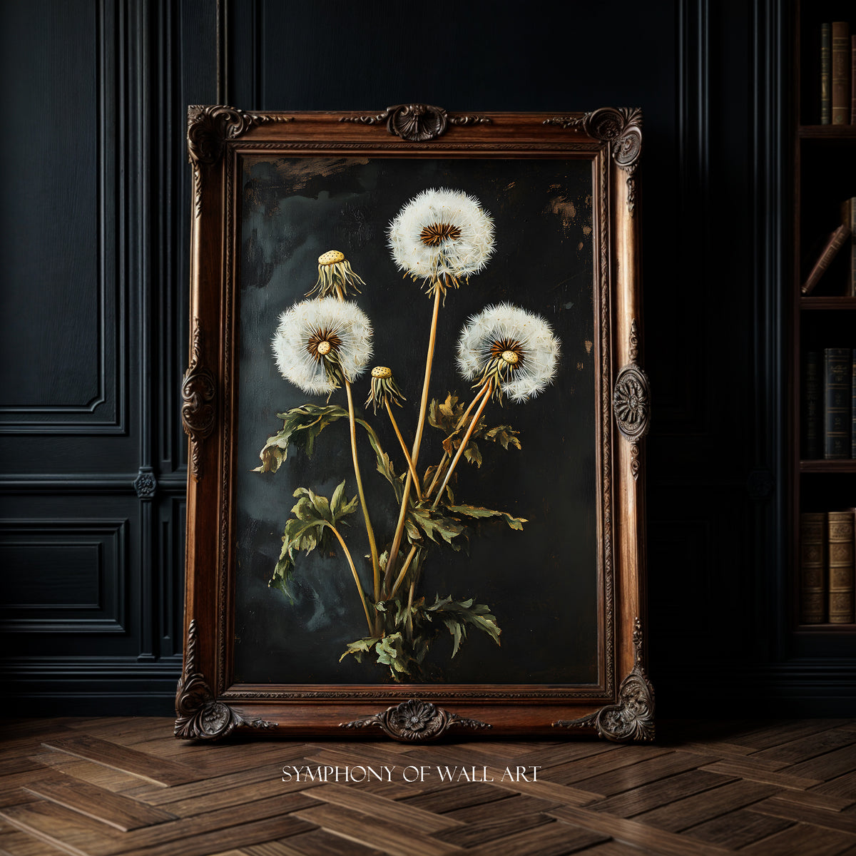 Framed artwork of dandelions on a dark background, with 'Symphony of Wall Art' branding.