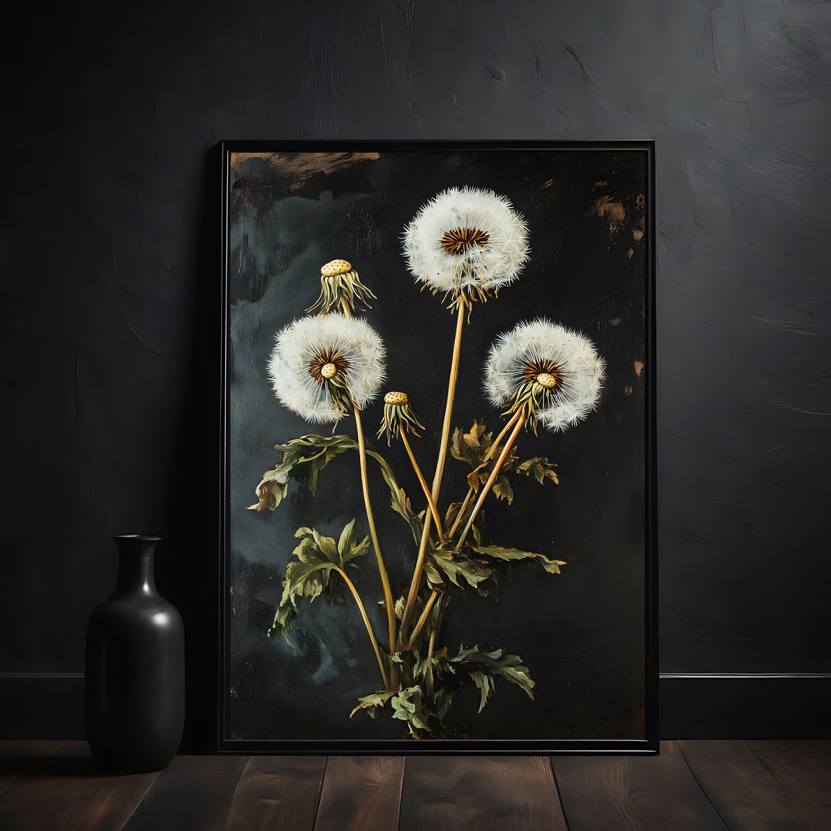 Framed artwork of dandelions on a dark background with a black vase beside it.