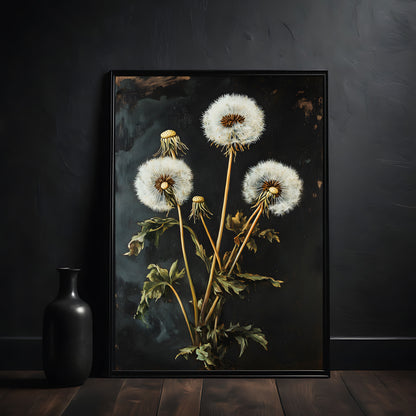Framed artwork of dandelions on a dark background with a black vase beside it.