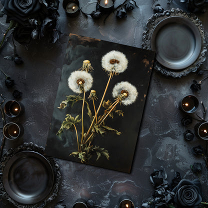 Dried dandelion flowers on a dark surface with candles and black roses.