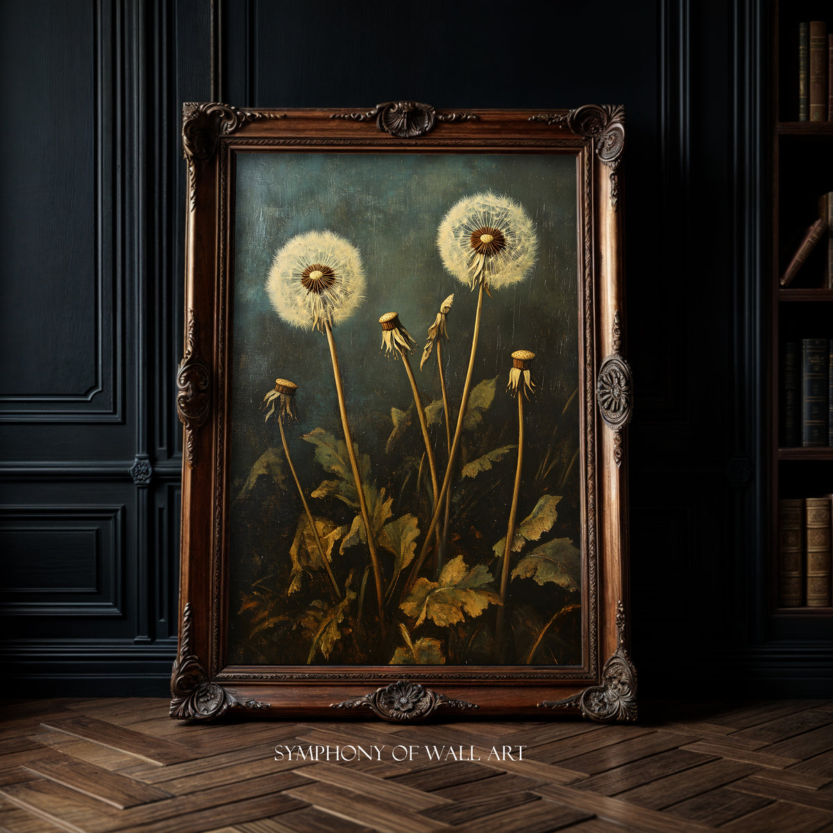 Framed painting of dandelions on a dark wall with 'Symphony of Wall Art' branding.