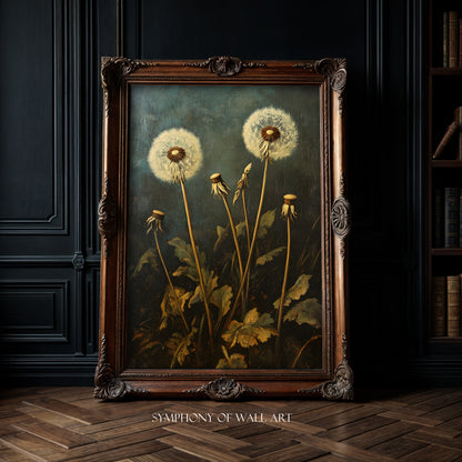 Framed painting of dandelions on a dark wall with 'Symphony of Wall Art' branding.