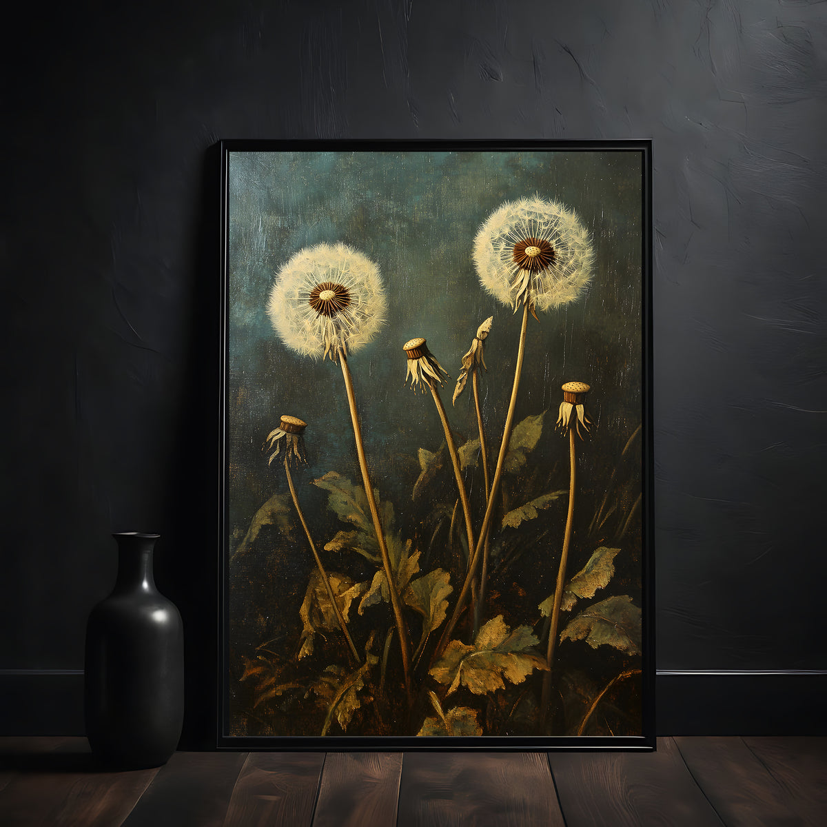 Framed painting of dandelions on a dark wall with a black vase.