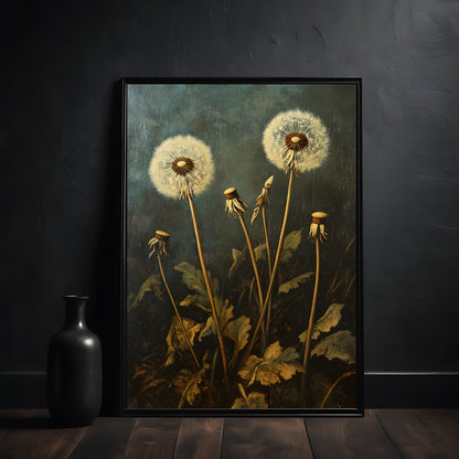 Framed painting of dandelions on a dark wall with a black vase.