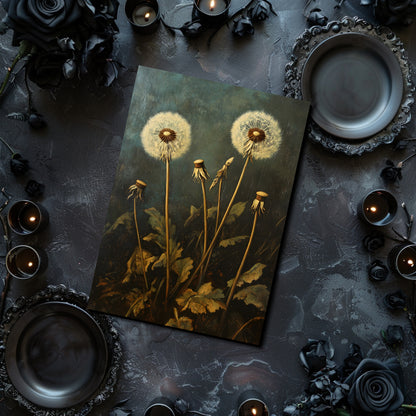 Painting of dandelions on a dark surface with candles and black roses.