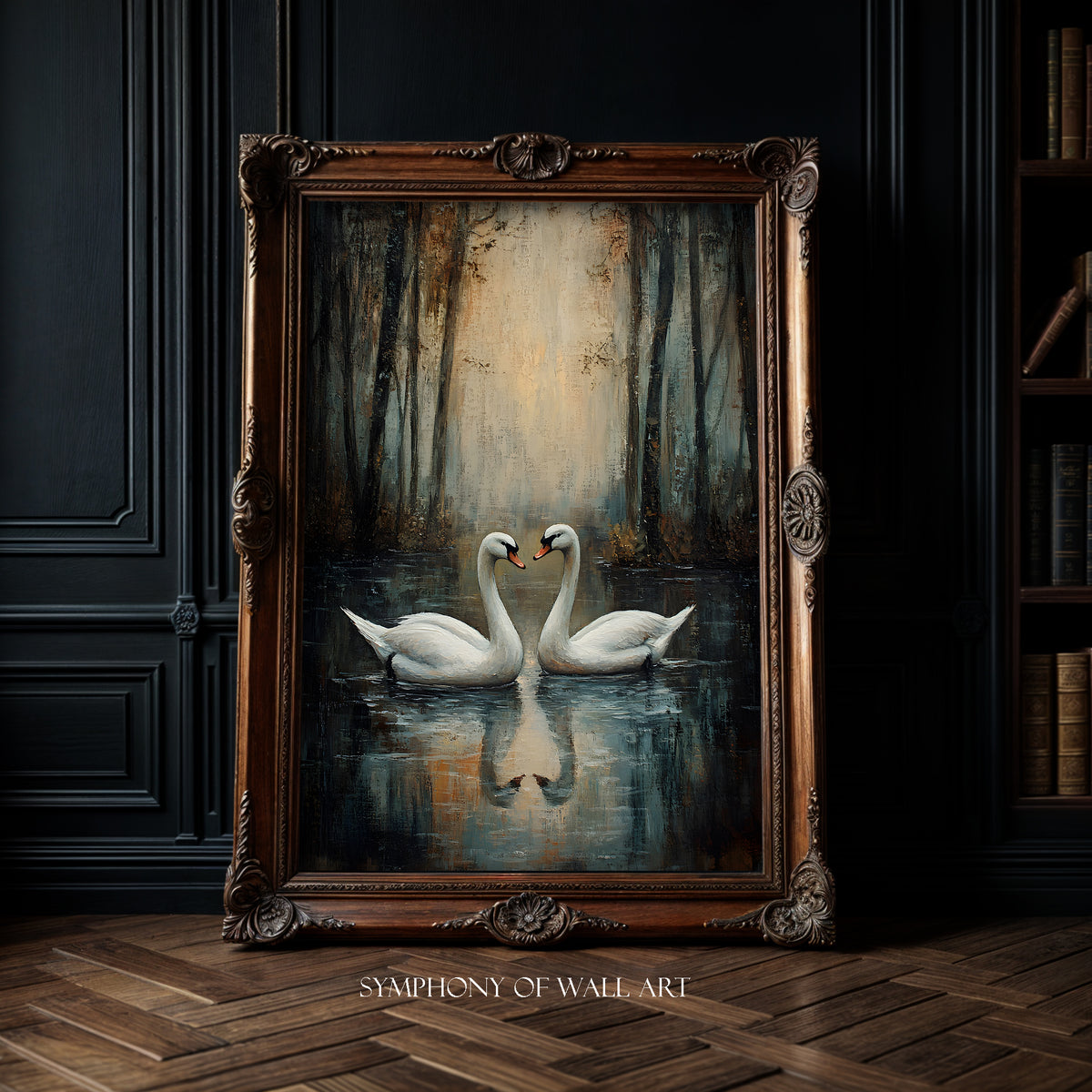 Framed artwork of two swans on water with 'Symphony of Wall Art' branding.