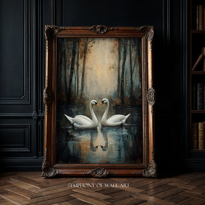 Framed artwork of two swans on water with 'Symphony of Wall Art' branding.