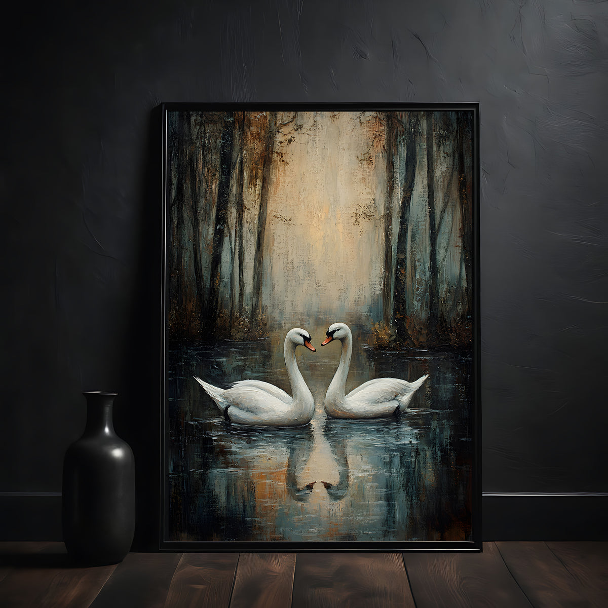 Framed painting of two swans in a forest setting on a dark wall.