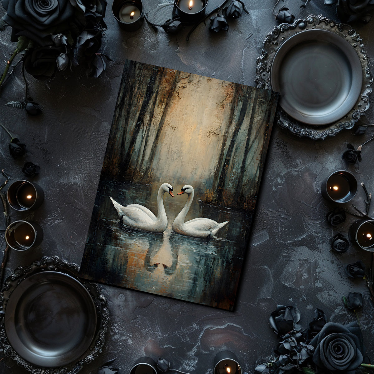 Painting of two swans on a dark surface with candles and roses