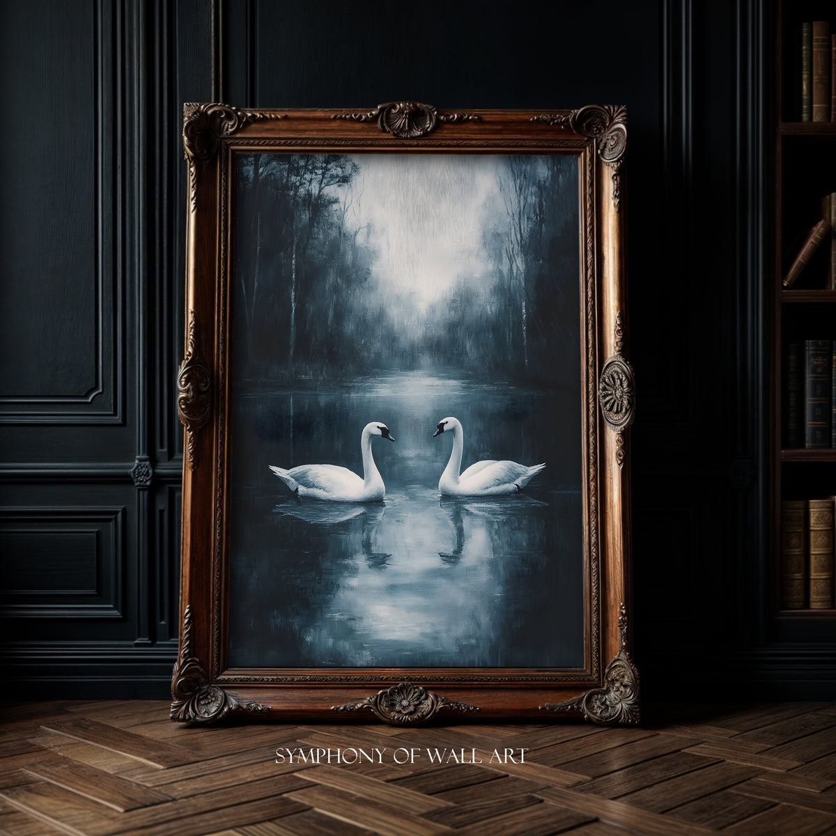 Framed artwork of two swans on water with 'Symphony of Wall Art' branding.
