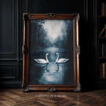 Framed artwork of two swans on water with 'Symphony of Wall Art' branding.