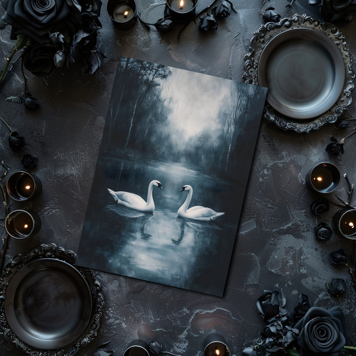 Art print of two swans on a dark surface with candles and roses