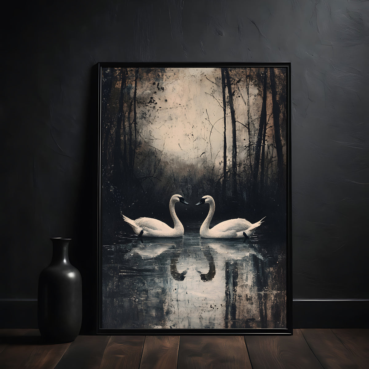 Framed artwork of two swans in a reflective pond with a dark forest background.