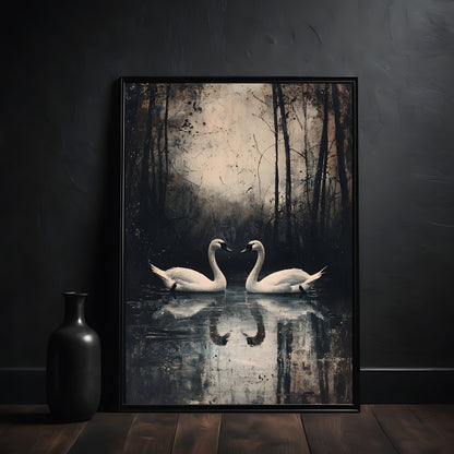 Framed artwork of two swans in a reflective pond with a dark forest background.
