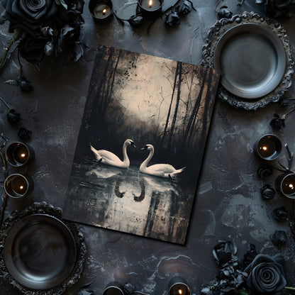 Art print of two swans on a dark background with candles and roses.