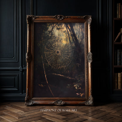 Framed artwork of a spider web in a dark room with bookshelf