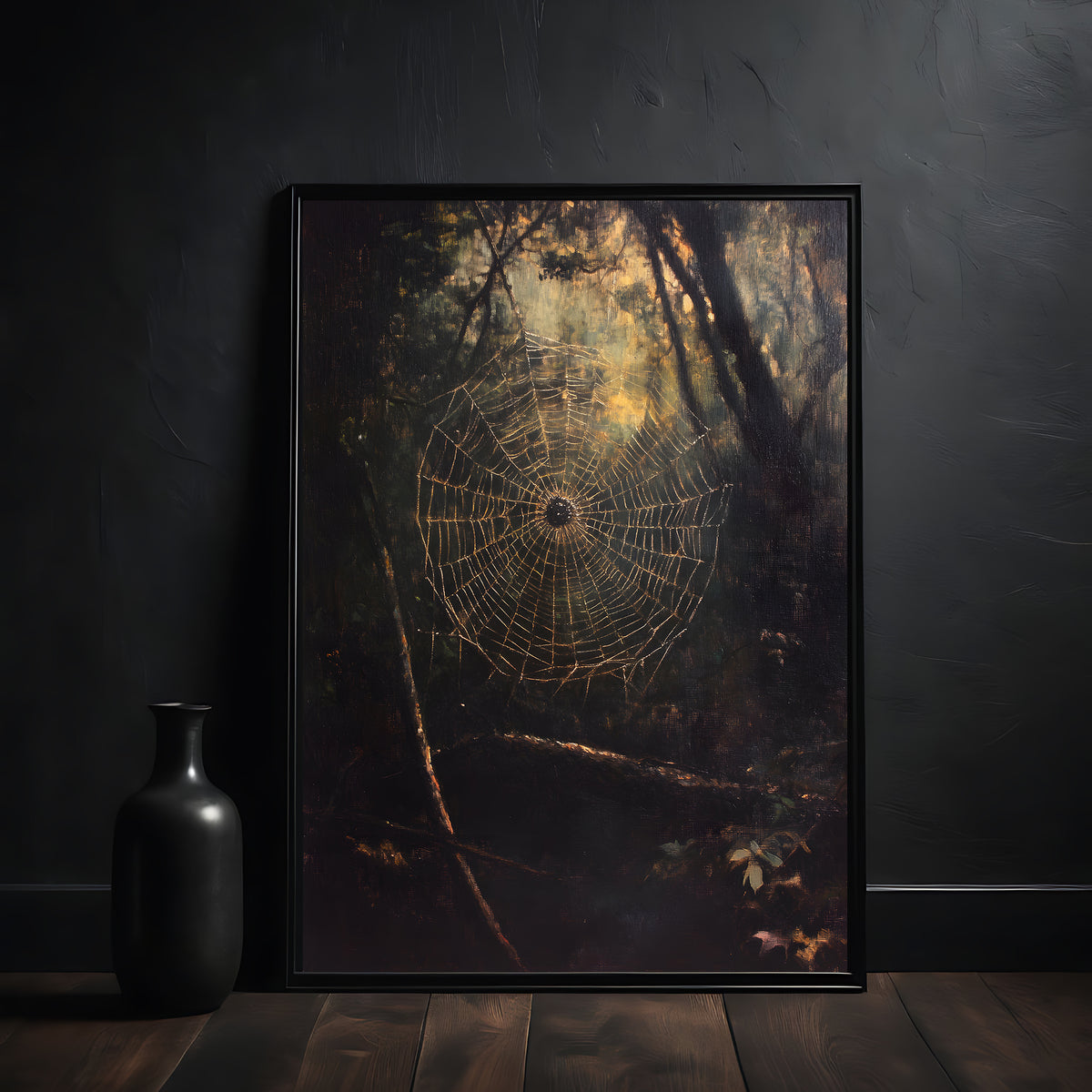 Framed artwork of a spider web in a forest setting on a dark wall.