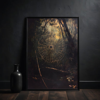 Framed artwork of a spider web in a forest setting on a dark wall.