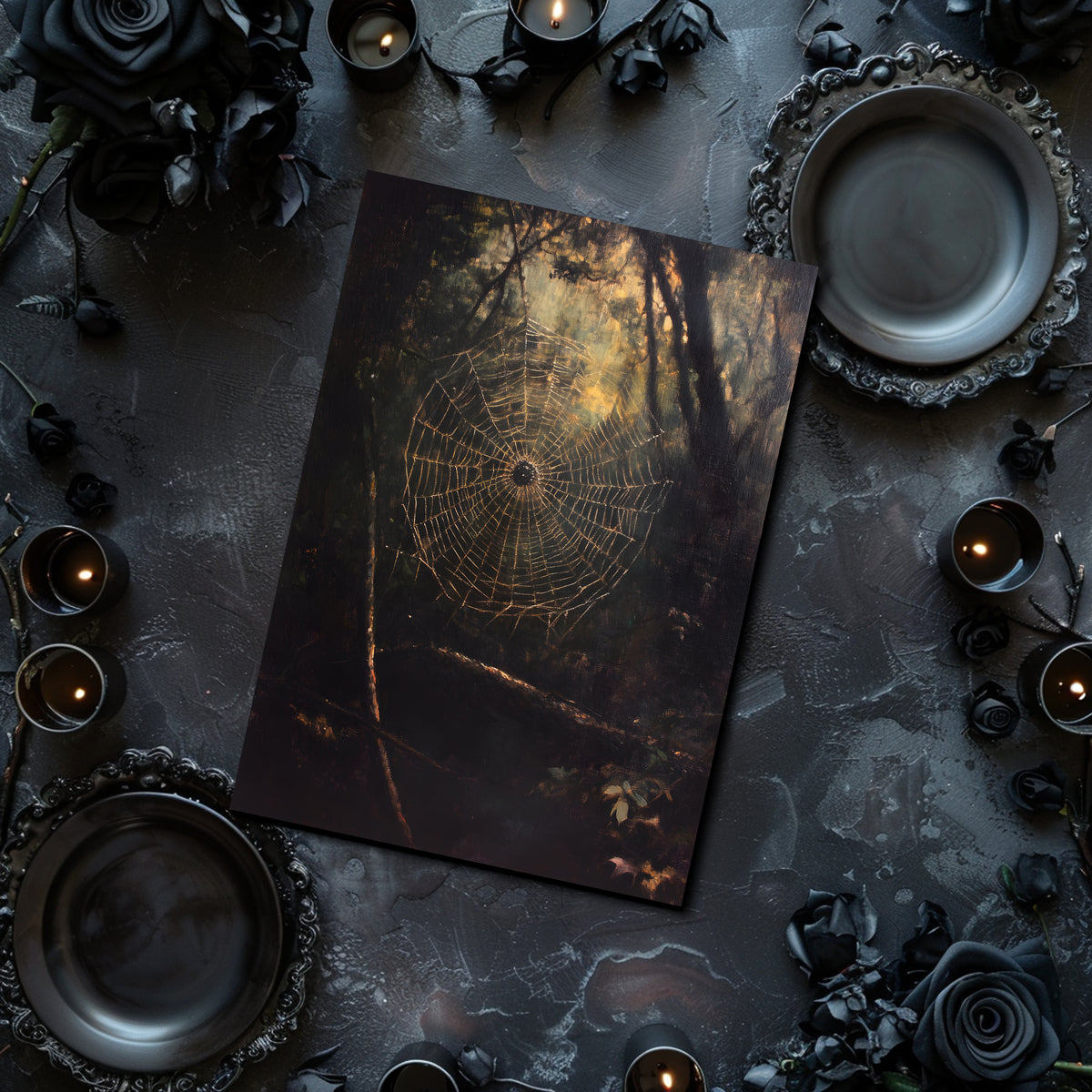 Dark-themed table setting with a spiderweb design card, candles, and black roses.